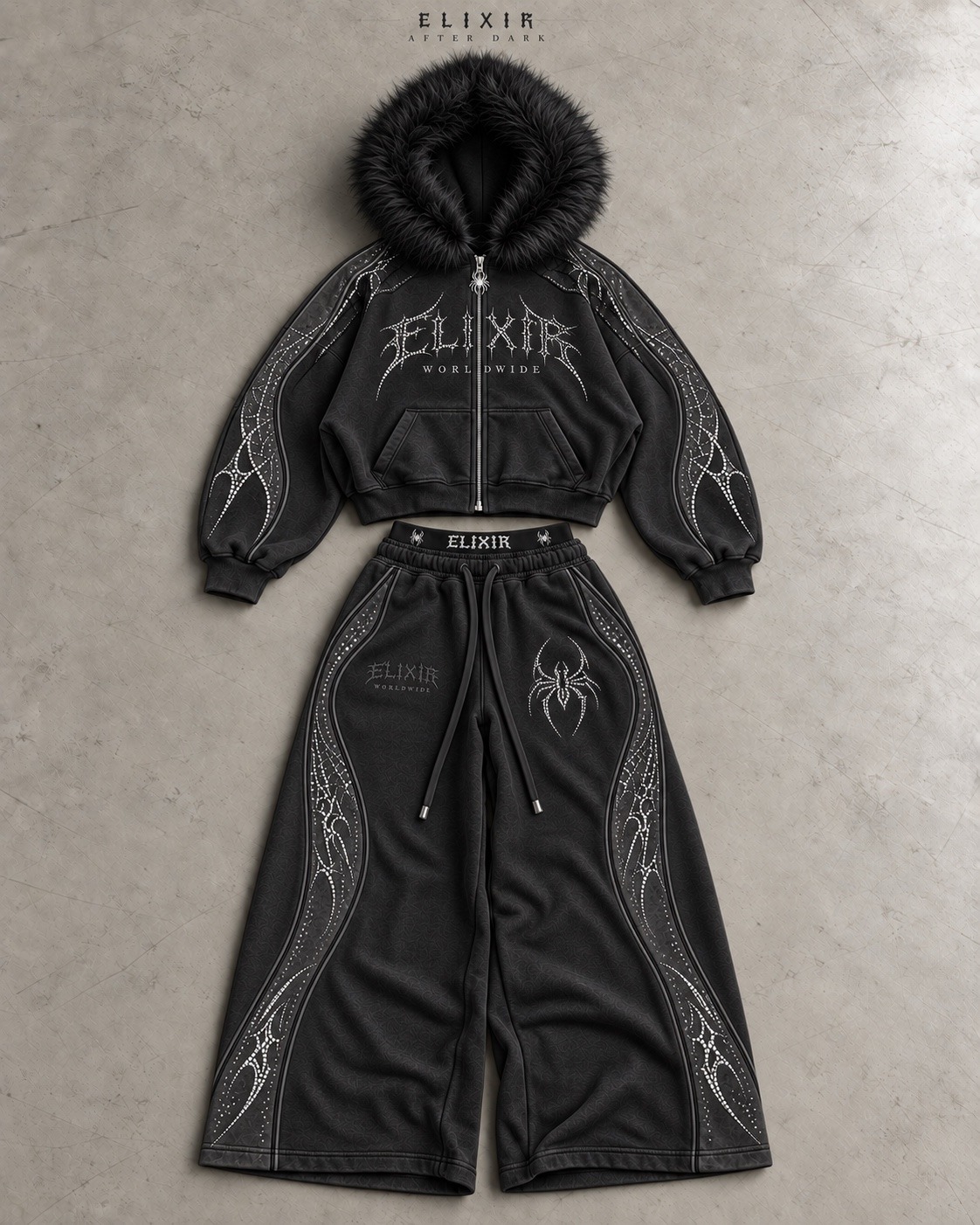 Conjunto negro de Elixir con bordados, pedrería y detalles de confección